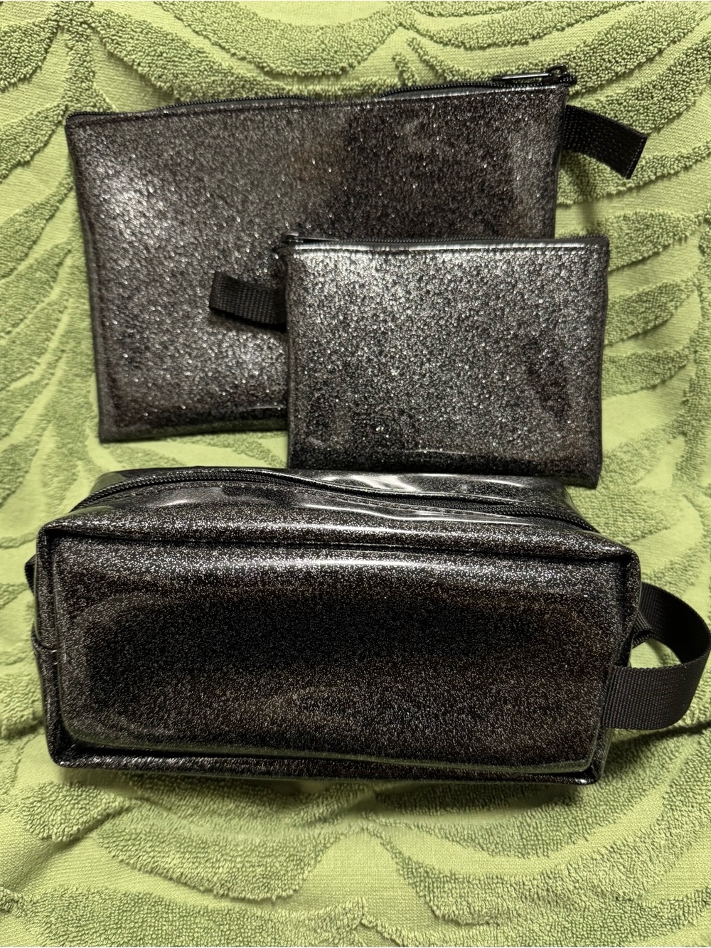 NEW women’s Black Glitter Travel Pouch 3 Set - Toiletry & Accessory Bags